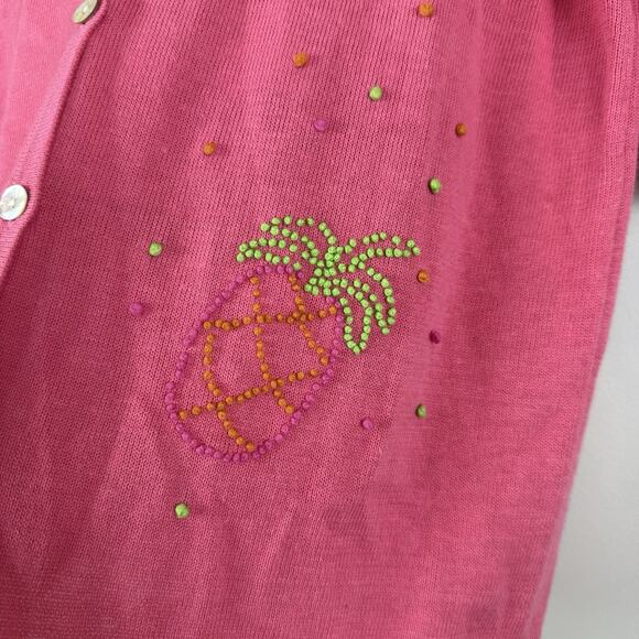 Vtg Talbots Cardigan Sweater Womens 8 Pink Pineapple Embroidery Cottage Granny - Picture 3 of 9